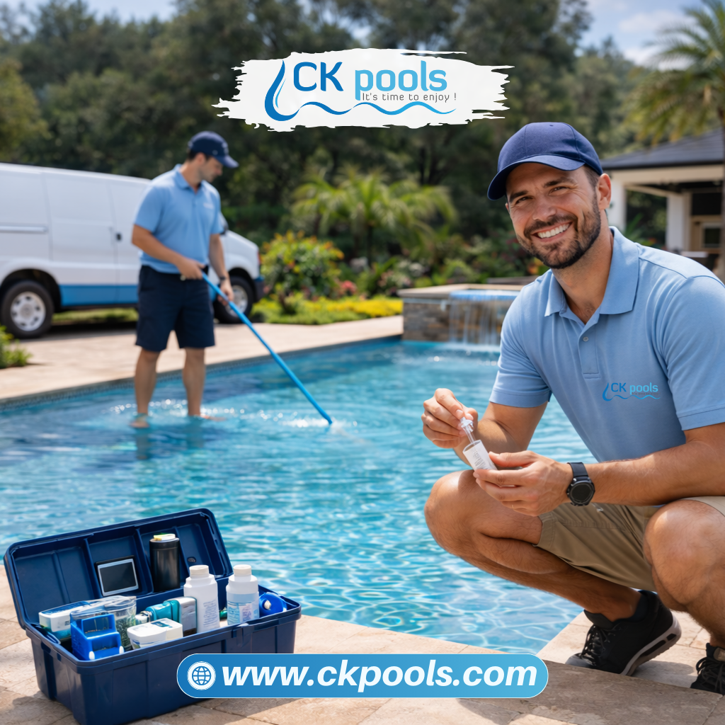 Professional pool service technicians performing detailed water testing and maintenance at a residential swimming pool