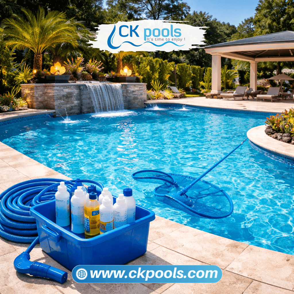 Pool technician testing water quality during routine residential pool maintenance in Texas