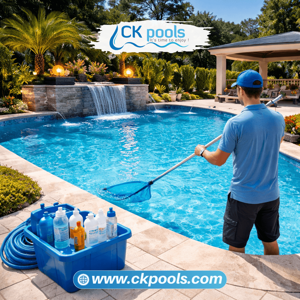 Professional pool maintenance service with technician cleaning a residential swimming pool in Texas