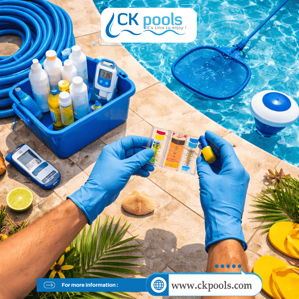 Hands testing swimming pool water chemistry during routine pool maintenance in Texas